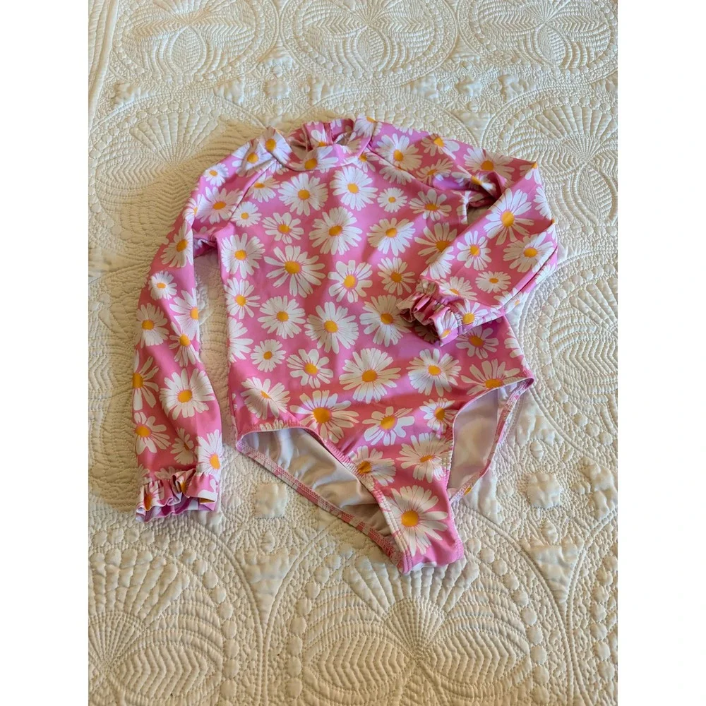 Little Girls Pink Daisy Long Sleeve Rash Guard Swimsuit White Size 6/7